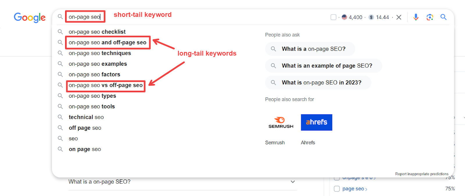 example of short tail vs long tail keywords for the short tail keyword on page seo