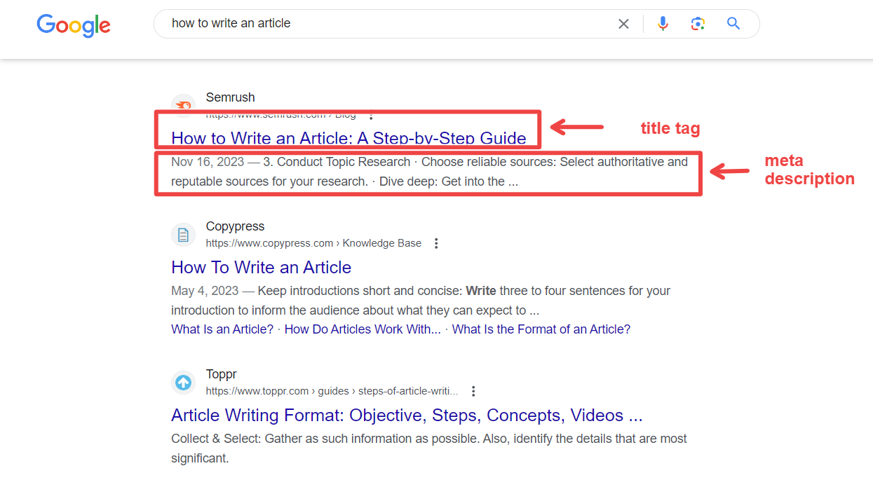example of title tag and meta description for the search term how to write an article