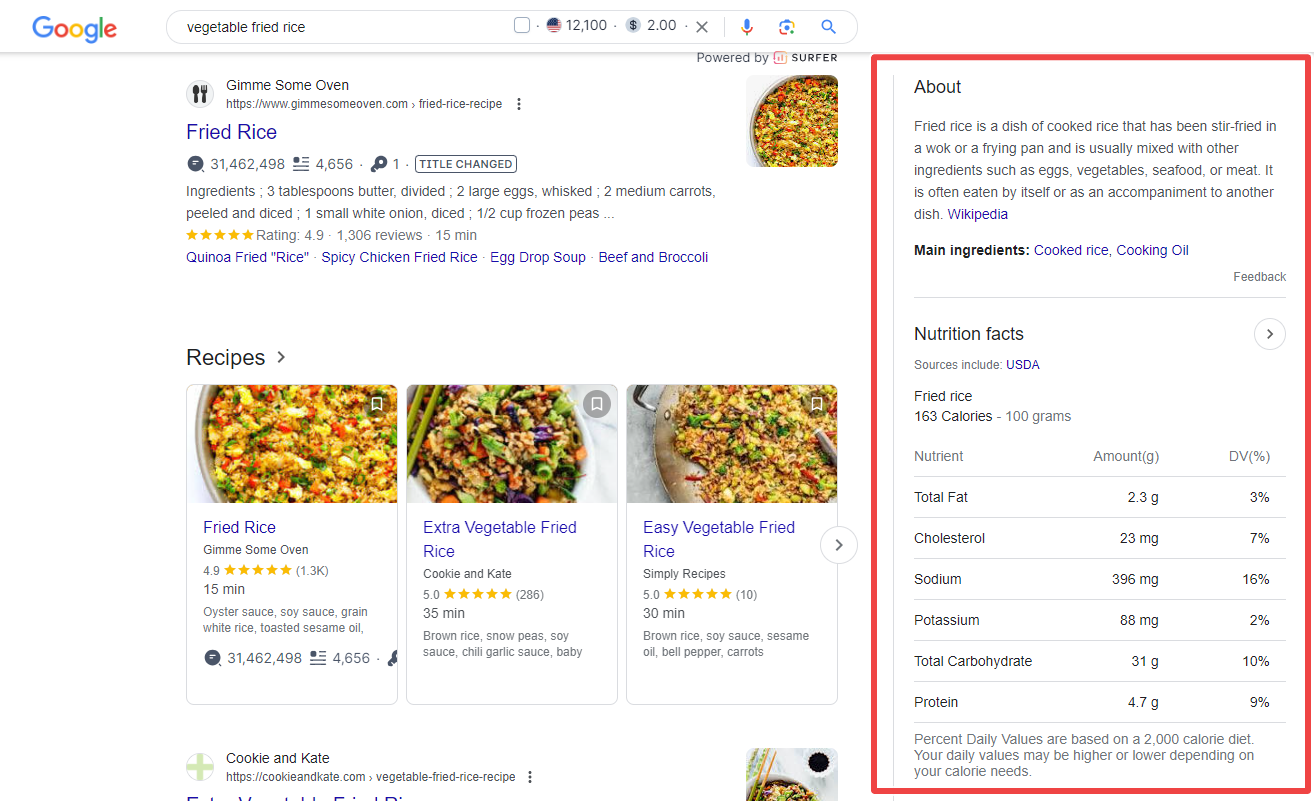 example of knowledge panel featured snipper for the search term vegetable fried rice