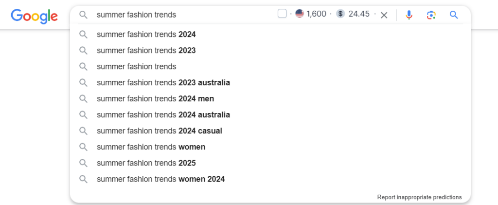 example of google auto suggest for generating content ideas for the keyword summer fashion trends