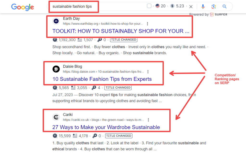 example of competitors pages on google serp for the keyword sustainable fashion tips