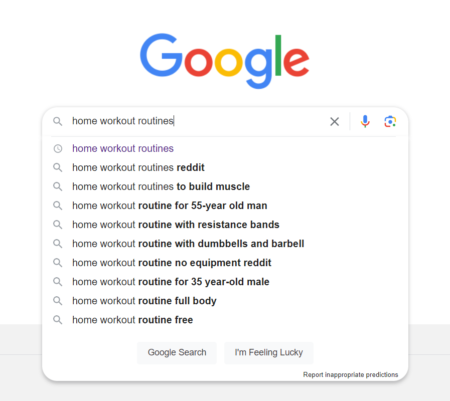 example of search on google for the term home workout routine and its variations