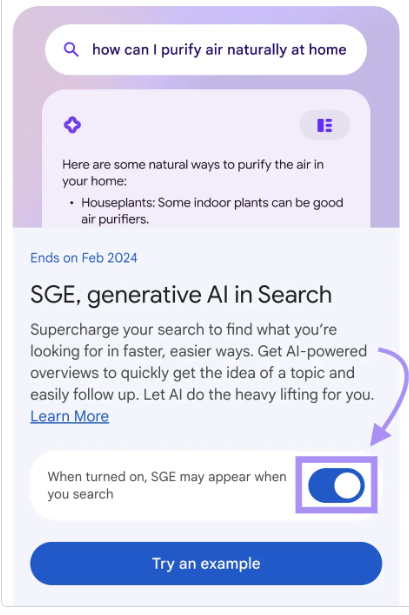turn on the google search generative experience feature