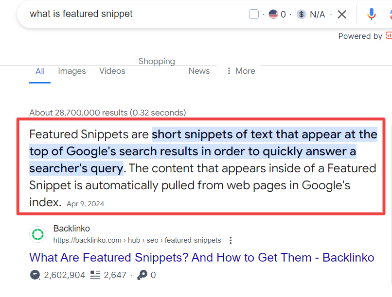 example of optimized featured snippet for answer engine optimization