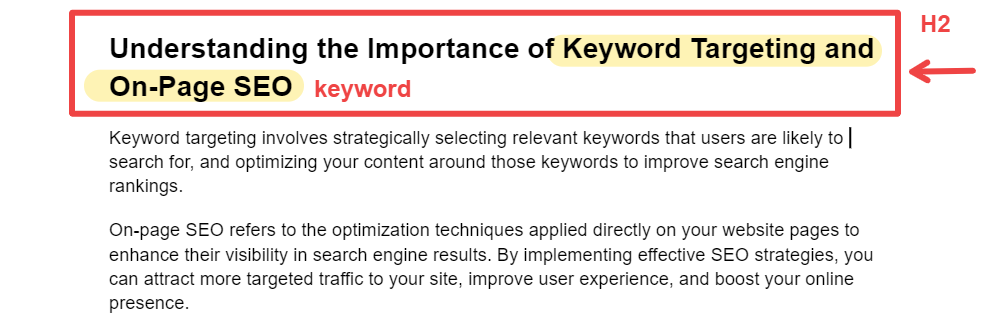 example of a keyword used on h2 tag