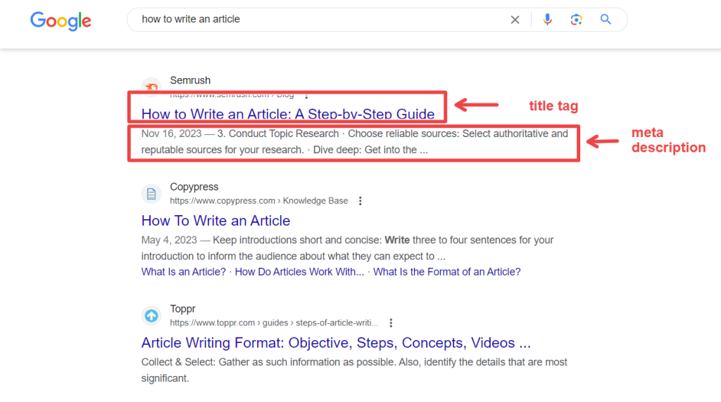 example of title tag and meta description shown in google serps