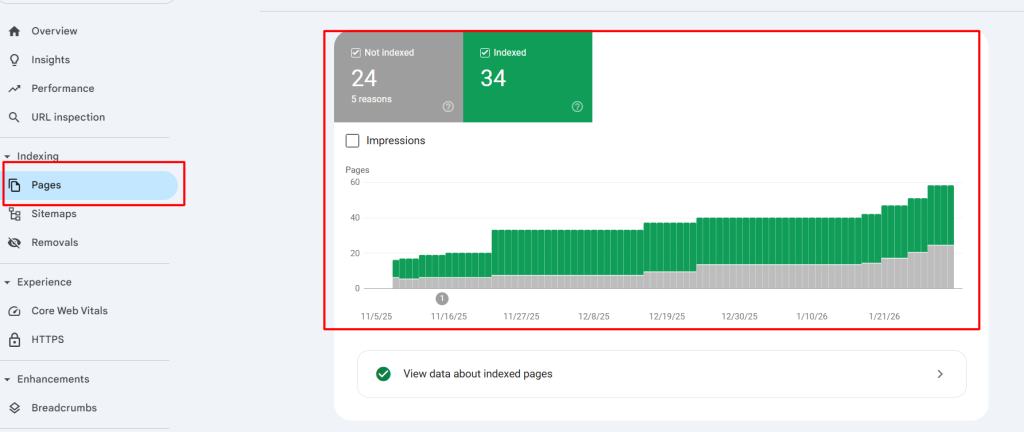 Example of indexed pages overview in google search console