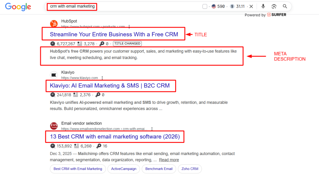 example of title tag and meta description showing up on google for the search term srm with email marketing