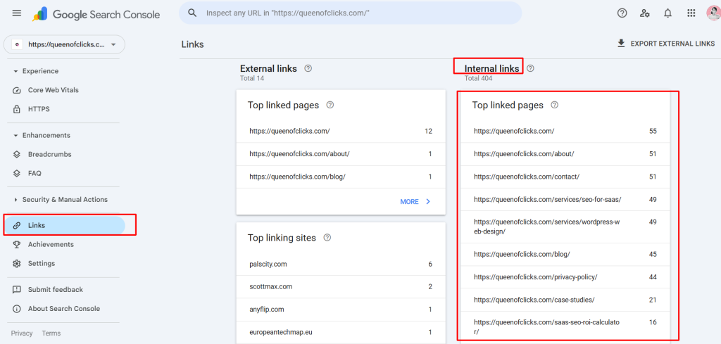 example of how to see internal links in google search console