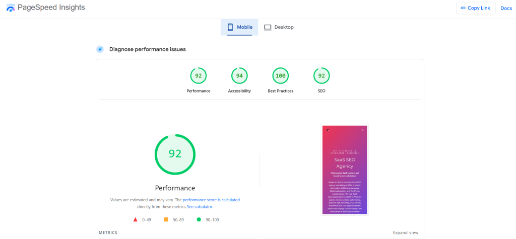 example of page speed insights from google website speed testing tool