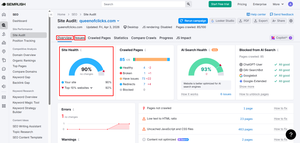 example of site audit in semrush for queen of clicks that shows site health and errors