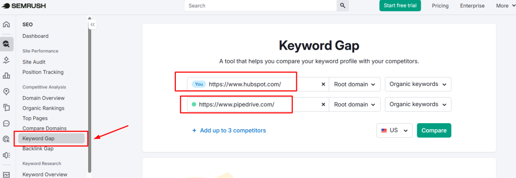 example of how to find keyword gap between you and your competitor in semrush