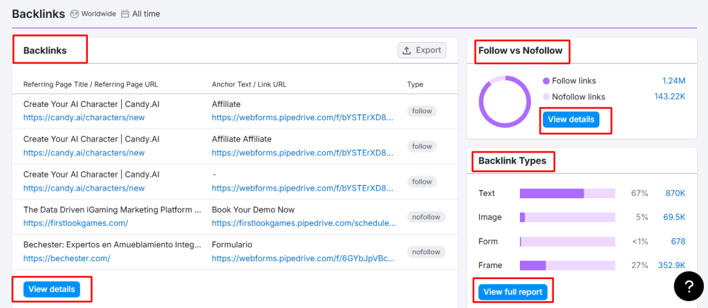 example of how to find competitors backlink profile in semrush
