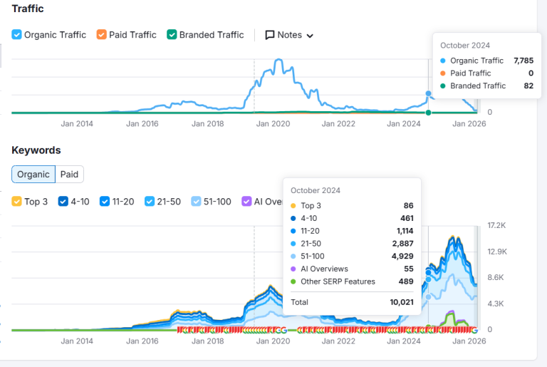 semrush showing increased traffi and keywords for october 2024 after one year working with ana jordanoska