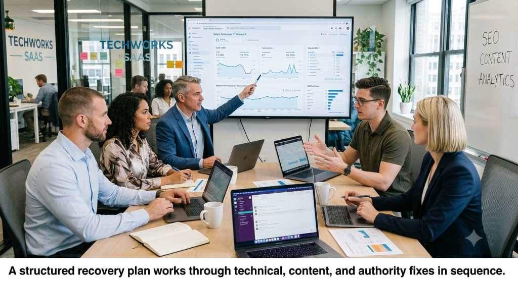 Marketing team working through a step-by-step SEO recovery plan