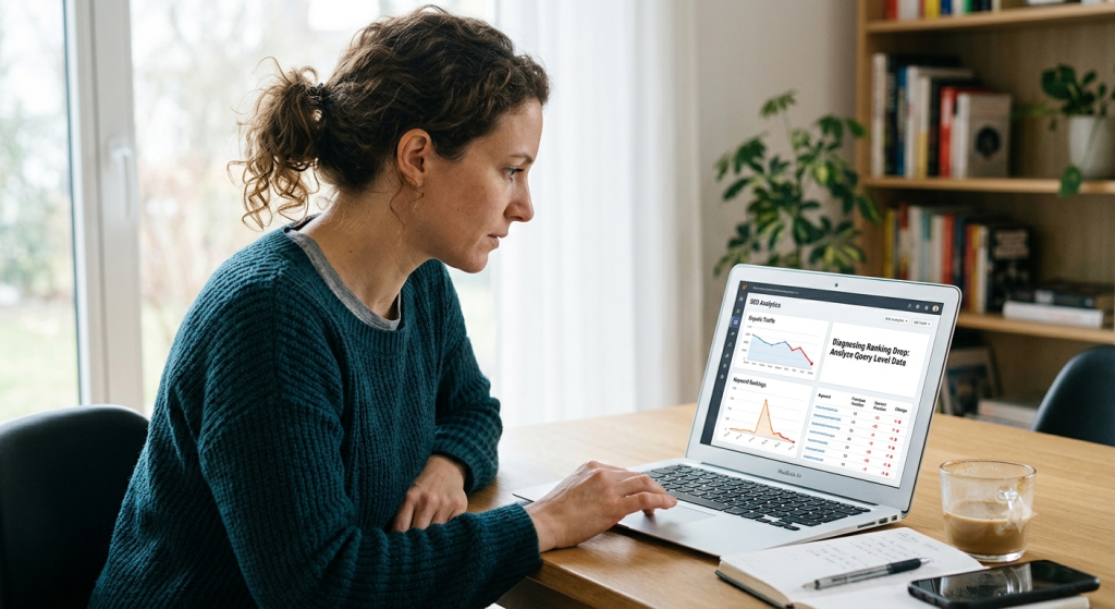 SaaS team member reviewing an SEO analytics dashboard to diagnose ranking drops